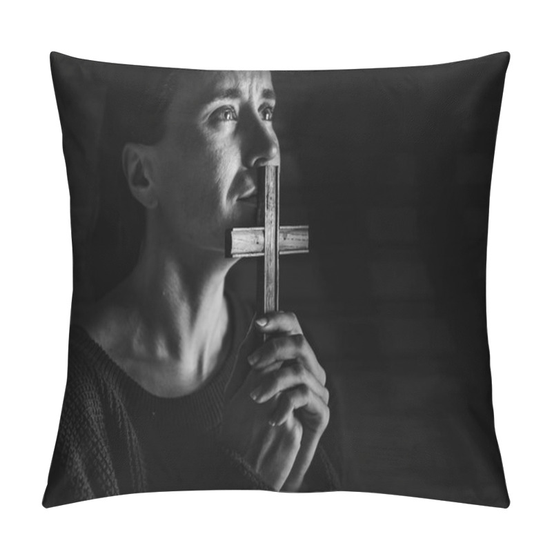 Personality  Suffering Woman Holding Cross And Praying  Pillow Covers