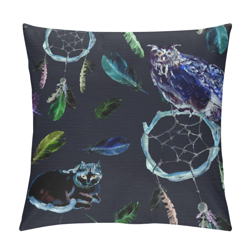 Personality  Feathers, Owl, Black Cat, Dreamcatcher, Dark Background. Repeating Pattern Pillow Covers