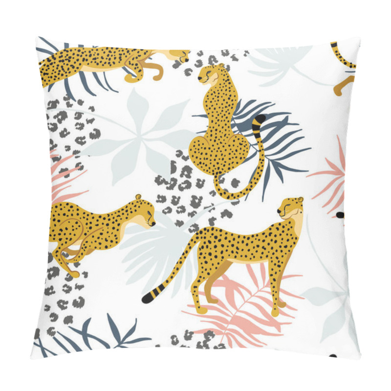 Personality  Seamless Pattern Of Cheetah With Palm Leaves And Dots Of Leopard Print Skin. Exotic Art Background Coloured With Pastel. Vector Animalistic Design For Textile, Fabric, Wrap Paper, Invitation, Packaging, Or Wallpaper. Pillow Covers