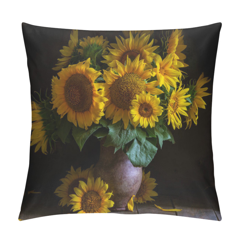 Personality  Beautiful Yellow Sunflower Still Life Bouquet  In A Clay Jug Ceramic Rustic Style Oil Honey Dark Photo Background Wooden Table Vintage. Retro. Low Key Autumn Flowers Pillow Covers