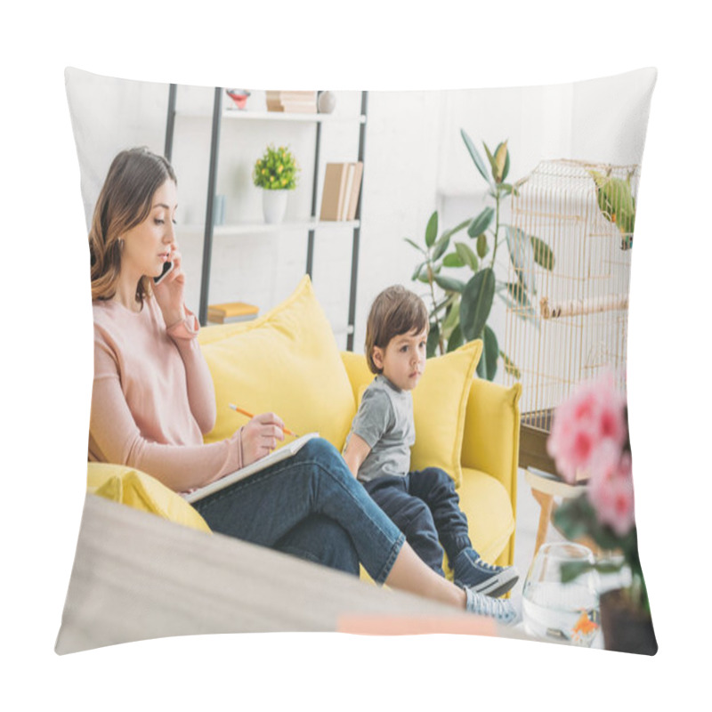 Personality  Serious Woman Talking On Smartphone While Sitting On Sofa Near Adorable Son Pillow Covers