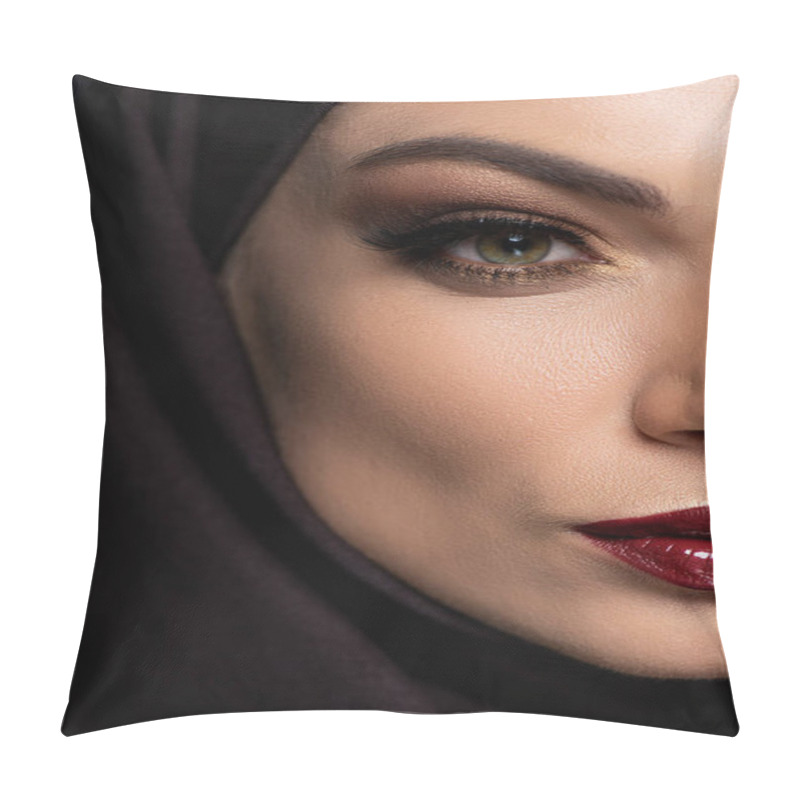 Personality  Close Up View Of Young Muslim Woman In Hijab With Smoky Eyes And Red Lips Isolated On Black Pillow Covers