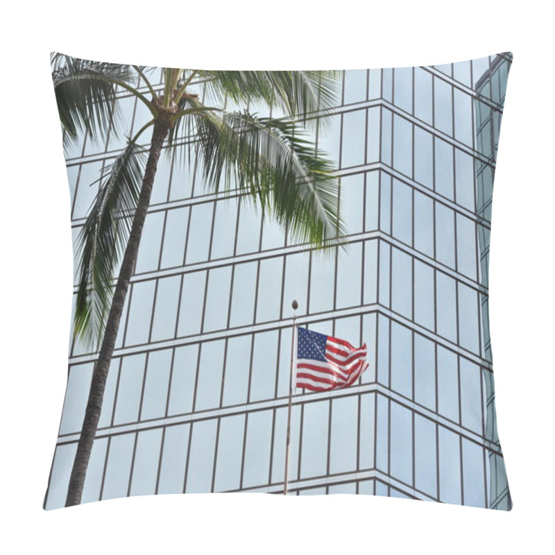 Personality  USA Flag And Palm Tree Against A Glass Building Pillow Covers