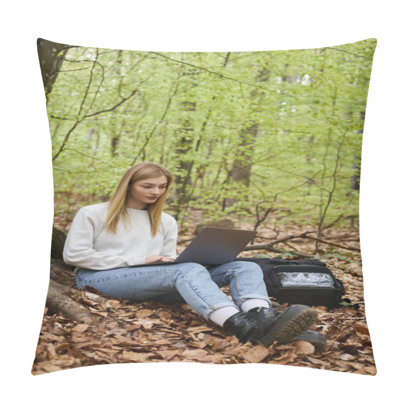 Personality  Young Female Hiker With Laptop On Her Legs Wearing Sweater, Jeans And Hiking Boots Sitting In Forest Pillow Covers