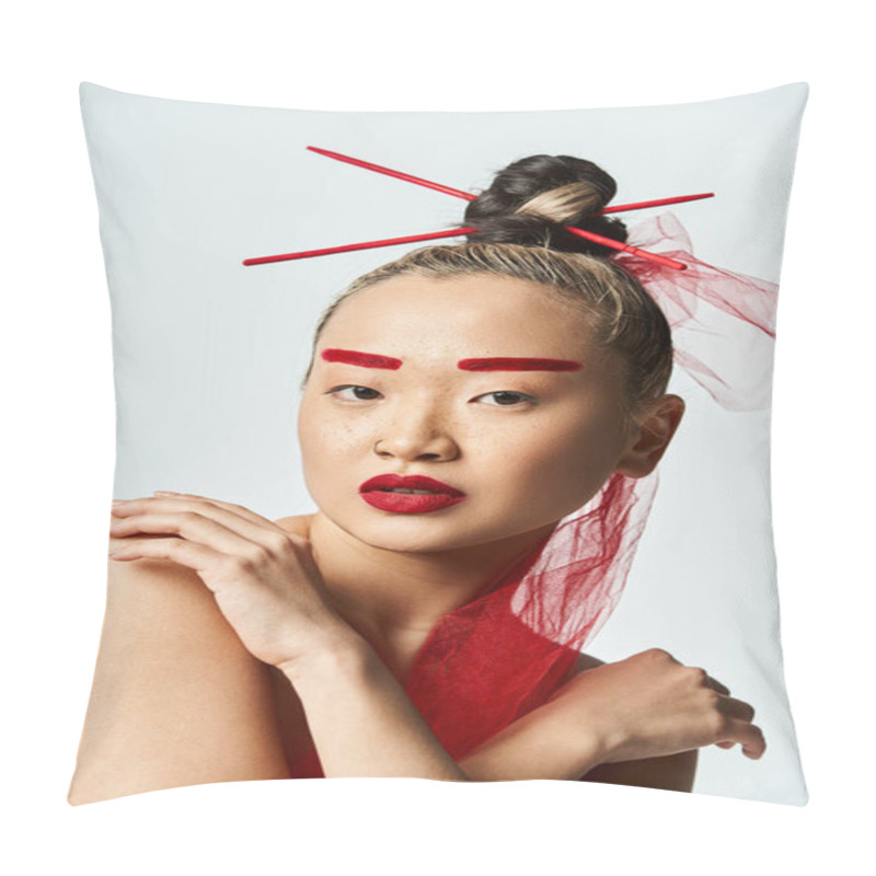 Personality  Asian Woman In Vibrant Red Makeup And A Veil Poses Artistically. Pillow Covers