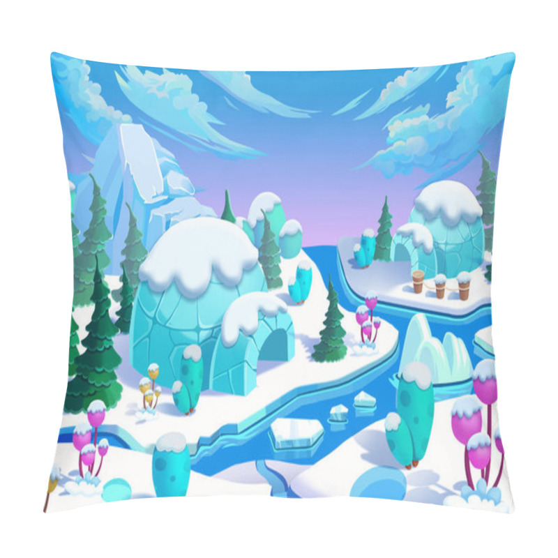 Personality  The Eskimo Igloo Town. The Bridge, The Ice River, The Ice Mountain, The Ice Flowers, The Green Pine Trees. Realistic Cartoon Style Creative Scenery, Wallpaper, Background Design. Illustration Pillow Covers