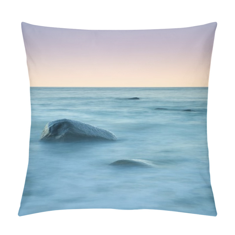 Personality  Romantic Atmosphere In Peaceful Morning At Sea. Big Boulders Sticking Out From Smooth Wavy Sea. Pink Horizon  Pillow Covers