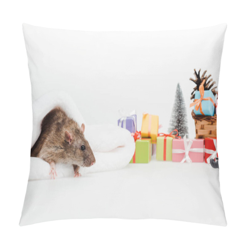 Personality  Selective Focus Of Little Rat In Santa Hat Isolated On White  Pillow Covers