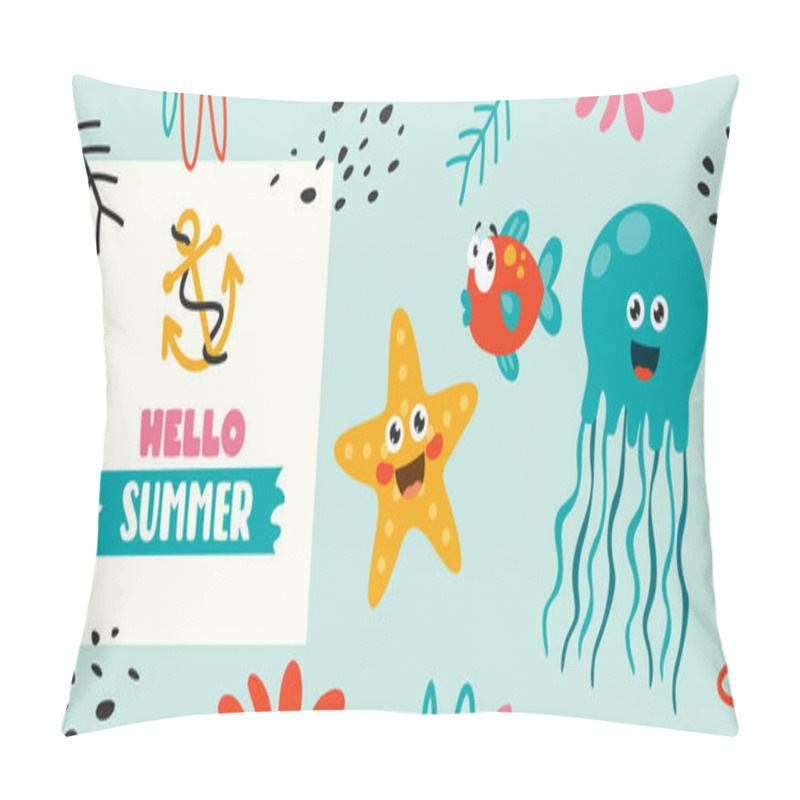 Personality  Flat Summer Banner With Cartoon Character Pillow Covers