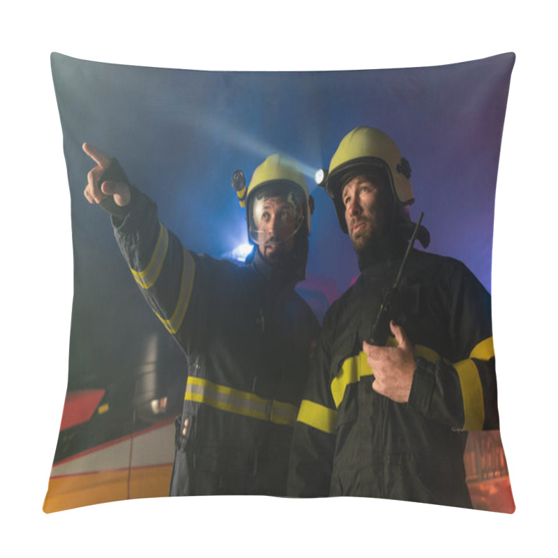 Personality  Firefighters Men At Action With Fire Truck In Background At Night Pillow Covers