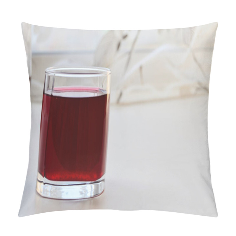 Personality  Glass With Currant Juice On A White Window Sill With Curtains Pillow Covers