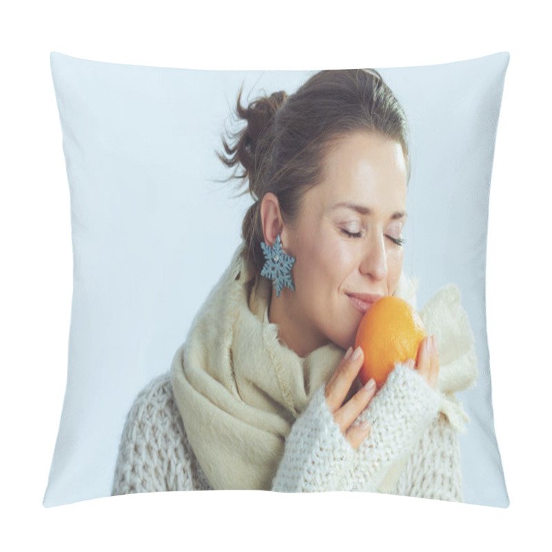 Personality  Woman Enjoying Orange Against Winter Light Blue Background Pillow Covers