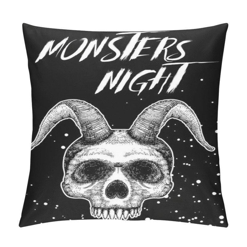 Personality  Halloween Holiday Black Card With Demon Skull. Hand Drawn Flyer  Pillow Covers