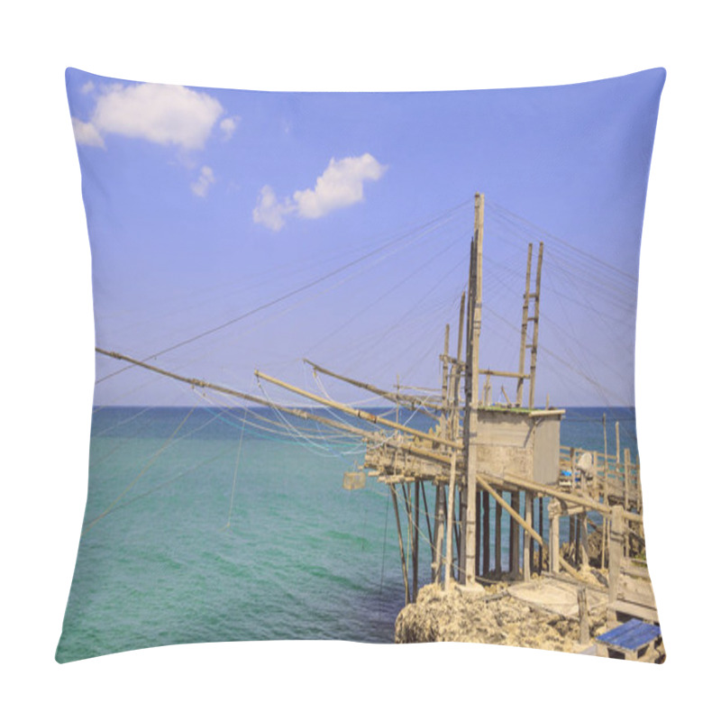 Personality  Apulia Sea: The Trebuchet. The Large Bay Of San Nicola Near Peschici With Its Characteristic 'trabucco' Is The Background For Long Strolls By The Sea Of Gargano Promontory In Southern Italy. Pillow Covers