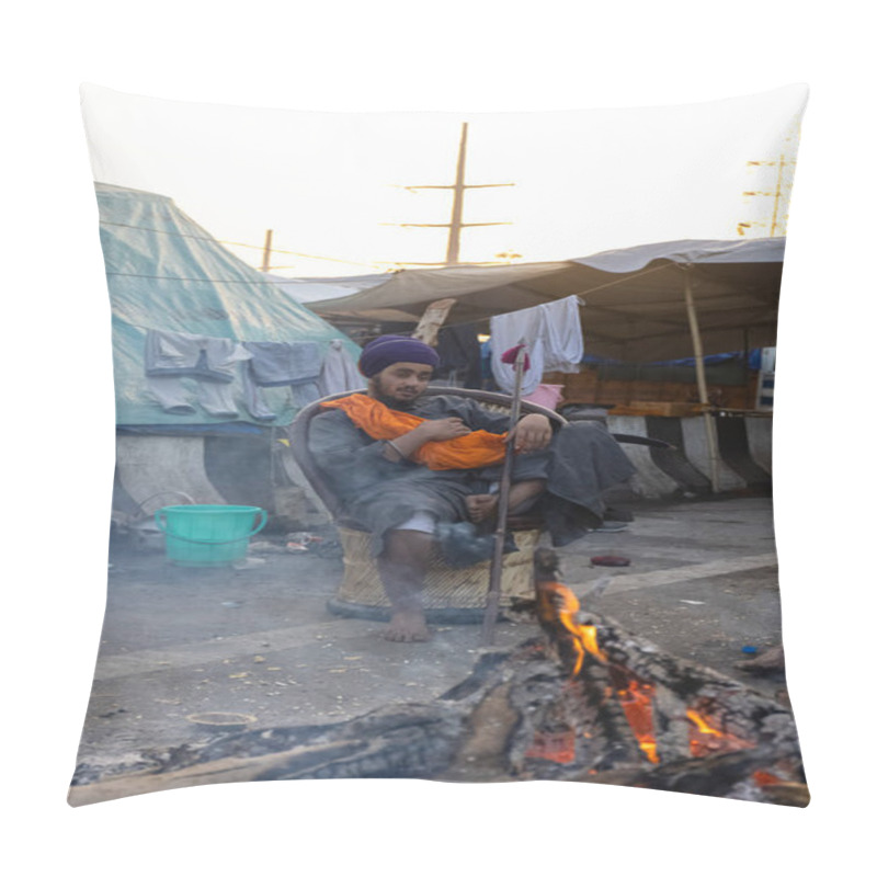 Personality  NEW DELHI, INDIA - JANUARY 2021 : Indian Sikh Farmer Sitting Near Camp Fire During Protest Against The New Farm Law Bill. Farmers From Across India Protesting Against The New Farm Law. Pillow Covers