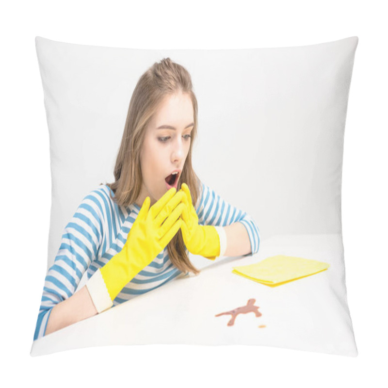 Personality  Shocked Woman Looking At Stain  Pillow Covers