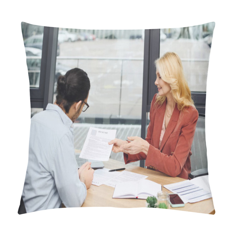 Personality  A Woman And Man Engage In Conversation At A Desk. Pillow Covers