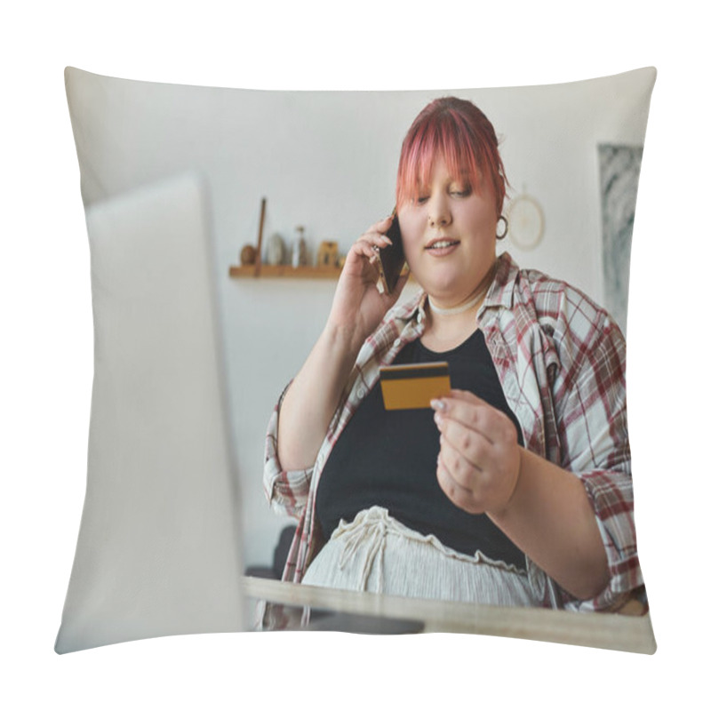 Personality  A Woman Uses Her Phone And Credit Card To Make A Purchase While Sitting At Her Home Office. Pillow Covers