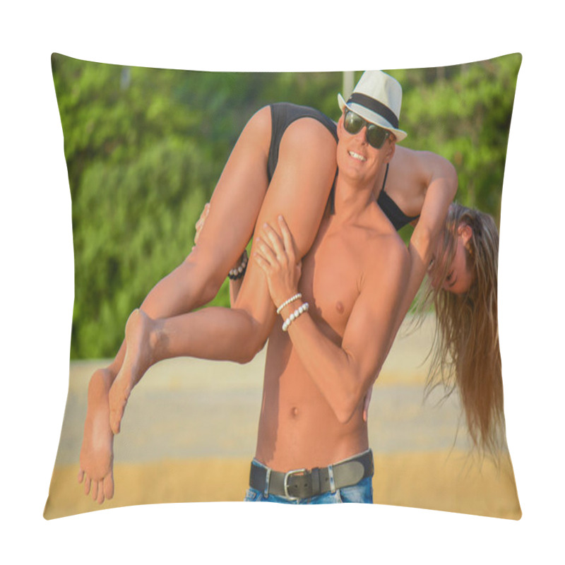 Personality  Happy Couple In Love Boyfriend Carrying His Girlfriend In Sea On A Tropic Beach From The Back Pillow Covers