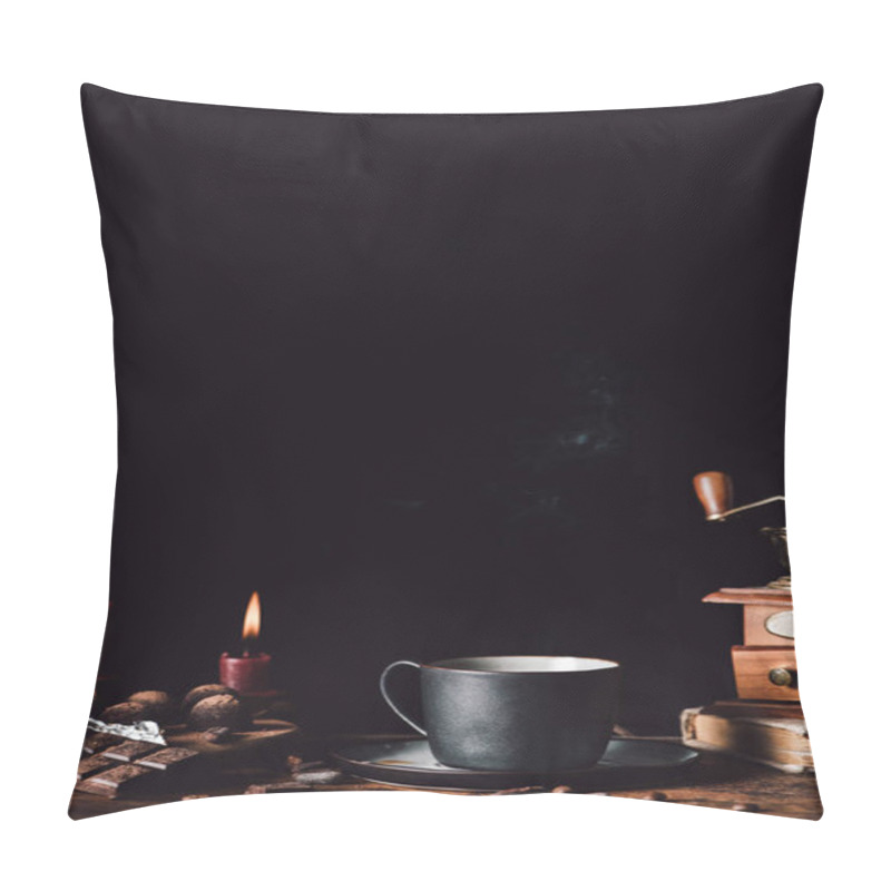 Personality  Closeup Shot Of Cup Of Coffee At Wooden Table With Chocolate, Truffles, Coffee Grains And Candles  On Black Background  Pillow Covers