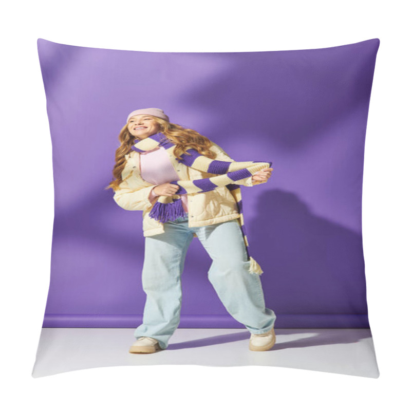 Personality  A Joyful Young Woman With Long Hair Dances Effortlessly In Cozy Attire. Pillow Covers