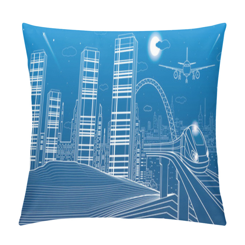 Personality  Train Move On The Bridge, Mountains, Night City On Background, Towers And Skyscrapers, Infrastructure And Transport Illustration, Airplane Fly, White Lines, Vector Design Art Pillow Covers