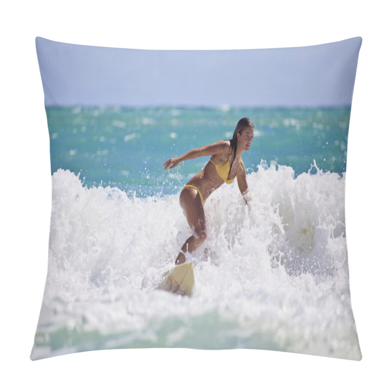 Personality  Girl In A Yellow Bikini Surfing Pillow Covers