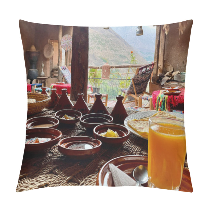 Personality  Delicious Moroccan Breakfast On Beautiful Rooftop Terrace In The High Atlas Mountains. Imlil, Morocco. Pillow Covers