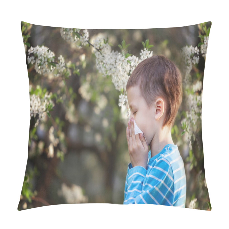 Personality  Boy Sneezes In The Park Against The Background Of A Flowering Tree Because He Is Allergic . Allergy To Pollen Concept. Pillow Covers