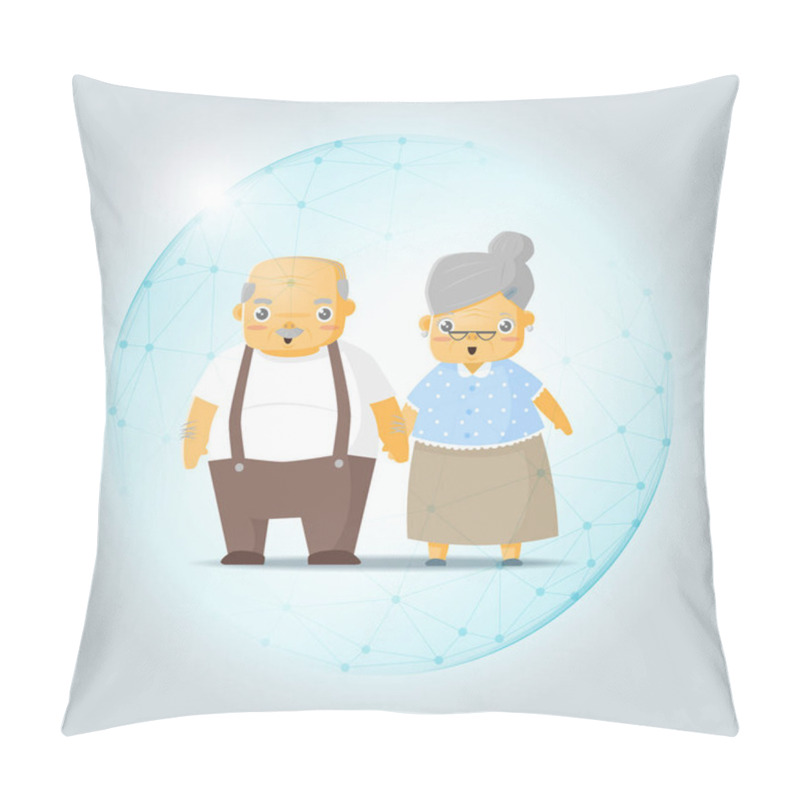 Personality  Retirement Concept With Happy Elderly Couple Protected In Polygonal Sphere Shield , Vector , Illustration Pillow Covers