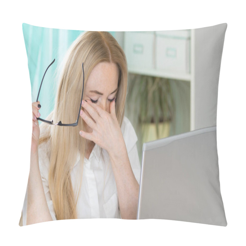 Personality  Tired Young Woman Student Feeling Eye Strain Bad Blurry Vision Rubbing Dry Irritated Eyes Taking Off Glasses After Computer Work, Fatigued Teen Girl Suffer From Discomfort Tension Problem Concept. Pillow Covers