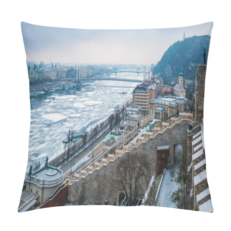 Personality  Budapest, Hungary - Panoramic Skyline View Of The Varkert Bazar And Icy River Danube Taken From The Buda Castle (Royal Palace) On A Cloudy Winter Morning Pillow Covers