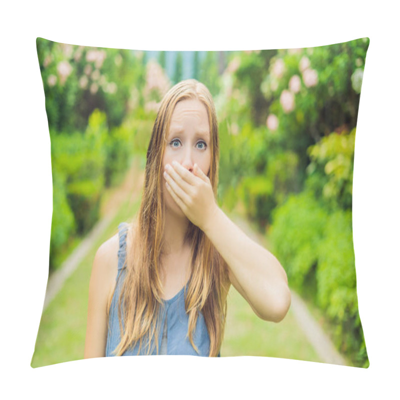 Personality  Young Pretty Woman Blowing Nose In Front Of Blooming Tree. Spring Allergy Concept Pillow Covers