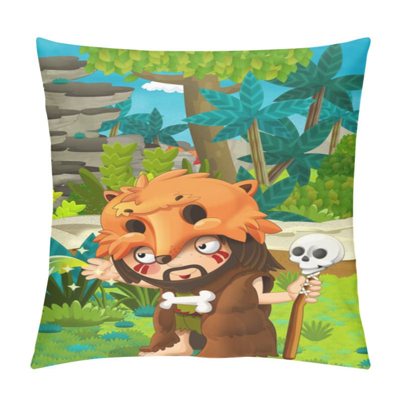 Personality  Cartoon Nature Scene With Caveman - Jungle - Stone Age Family - With Funny Manga Boy - Happy Illustration For Children Pillow Covers