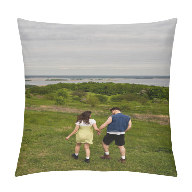 Personality  Full Length Of Stylish Brunette Romantic Couple In Summer Outfits Holding Hands While Relaxing And Walking On Green Hill With Scenic Landscape At Background, Countryside Adventure And Love Story Pillow Covers