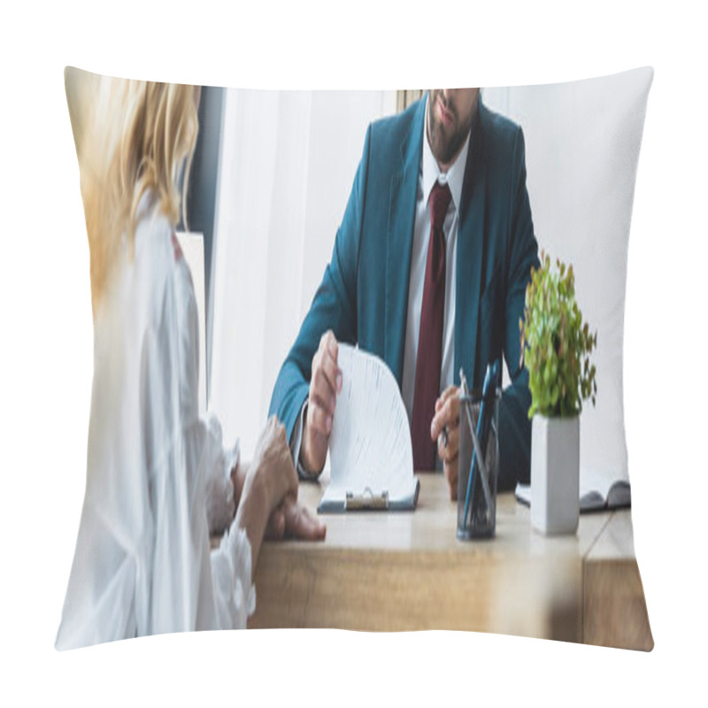 Personality  Panoramic Shot Of Bearded Recruiter Sitting Near Blonde Employee  Pillow Covers