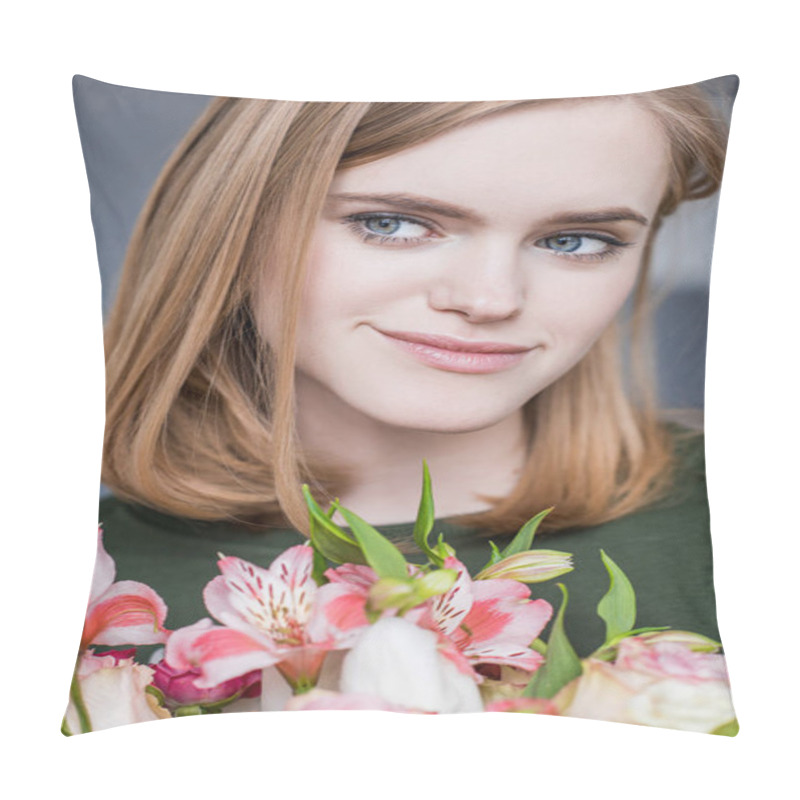 Personality  Portrait Of Young Woman With Bouquet Of Alstroemeria Pillow Covers