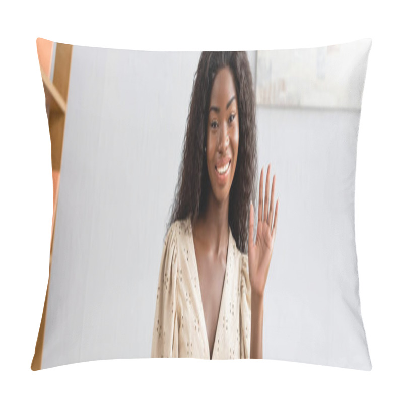 Personality  Horizontal Image Of African American Woman Waving Hand While Looking At Camera Pillow Covers