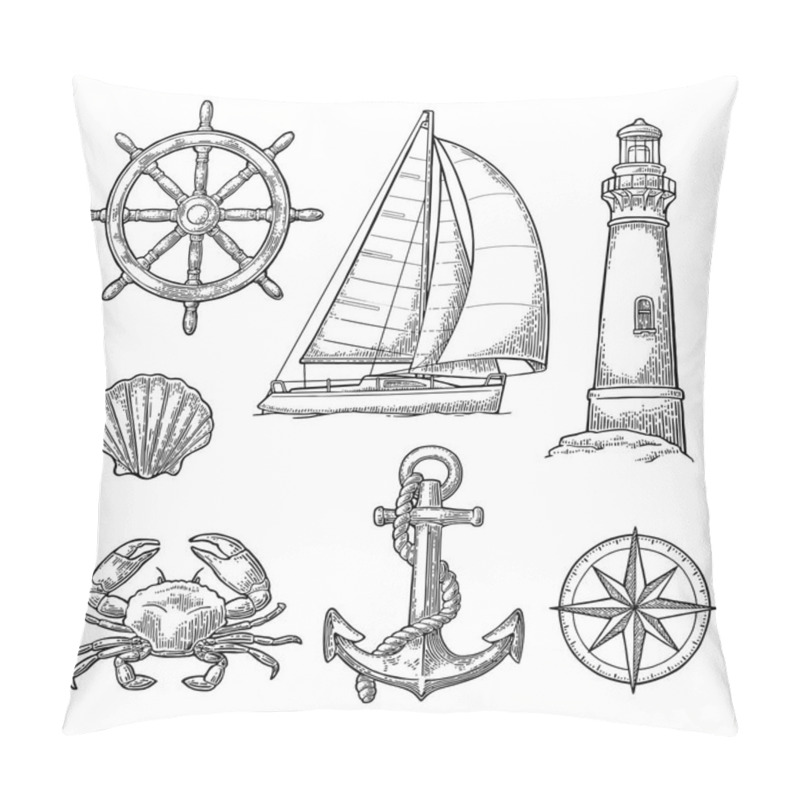 Personality  Anchor, Wheel, Sailing Ship, Compass Rose, Shell, Crab, Lighthouse Engraving Pillow Covers