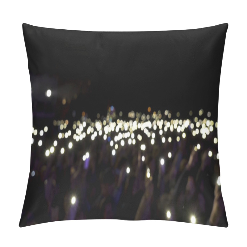 Personality  Defocused Spectators In Hall With Lights Waving In The Dark. Action. Audience Holding Phones With Shining Flashlights During The Concert, Romantic Atmosphere. Pillow Covers