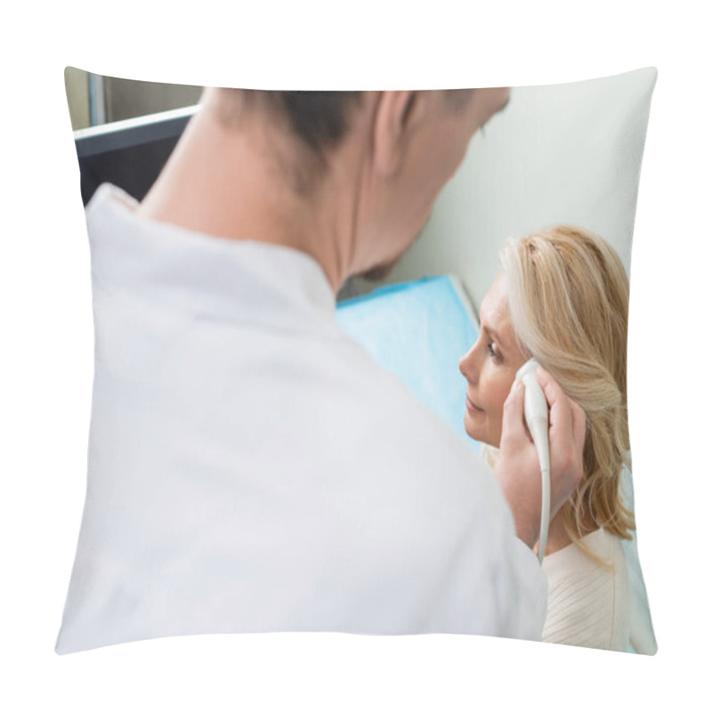 Personality  Blurred Physician Doing Head Ultrasound Of Blonde Mature Woman In Clinic Pillow Covers