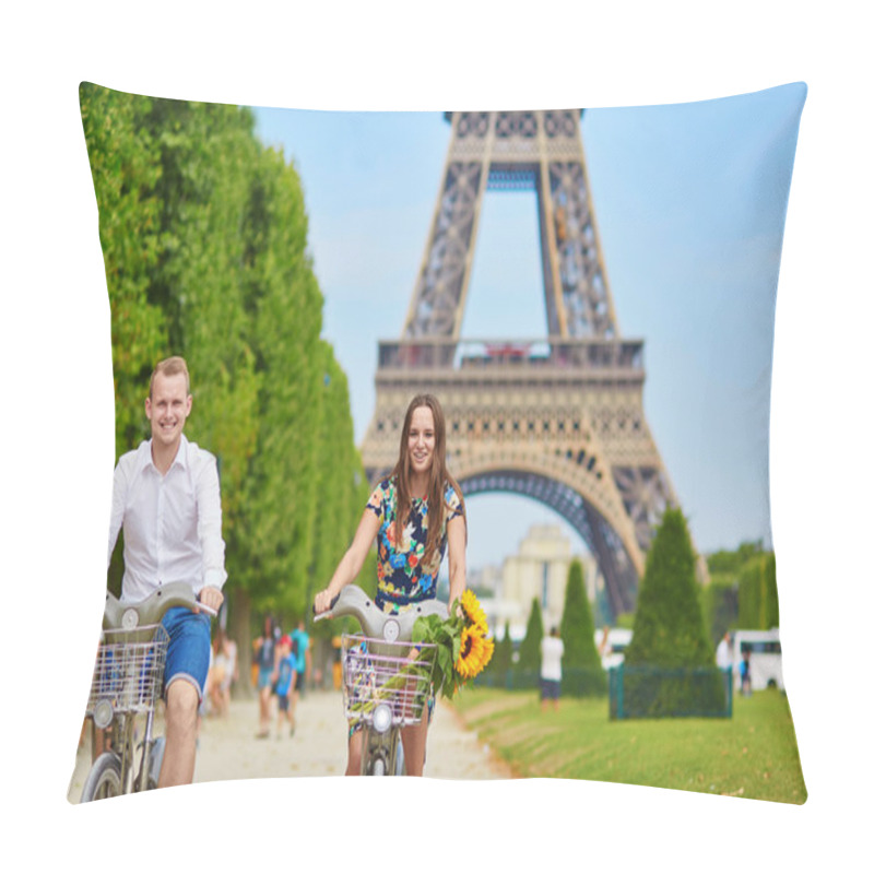 Personality  Couple Of Tourists Using Bicycles In Paris, France Pillow Covers