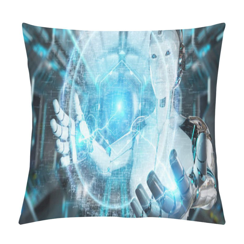 Personality  White Cyborg Woman On Blurred Background Using Digital Eye Surveillance Hologram 3D Rendering Pillow Covers