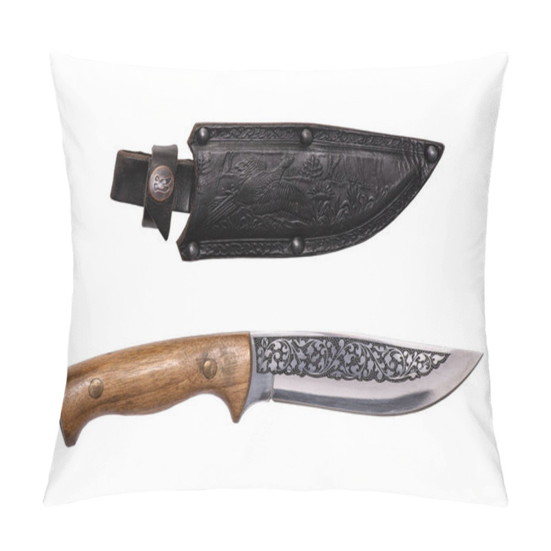 Personality  Antique Knife With A Wooden Handle And Leather Scabbard. Embossed On The Skin. Isolated On White Background Pillow Covers