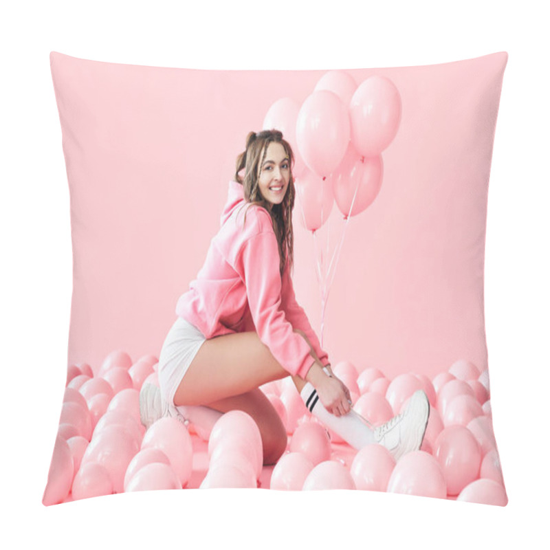 Personality  Young Trendy Woman Posing With Pink Balloons On Pink Background Pillow Covers