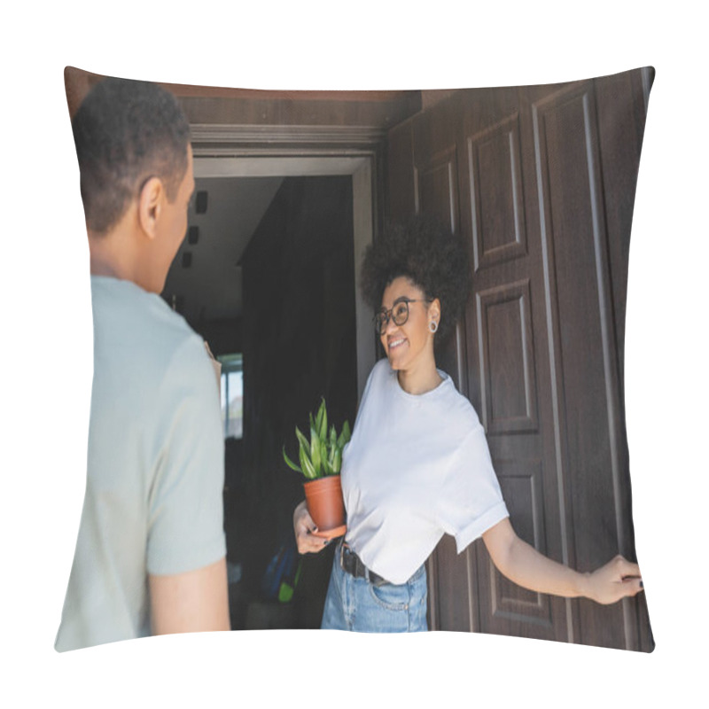 Personality  Smiling African American Woman With Plant Opening Door Of New House Near Blurred Boyfriend Pillow Covers