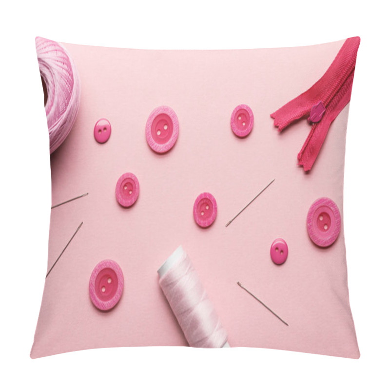 Personality  Top View Of Clothing Buttons, Thread Coil And Sewing Supplies Isolated On Pink Pillow Covers