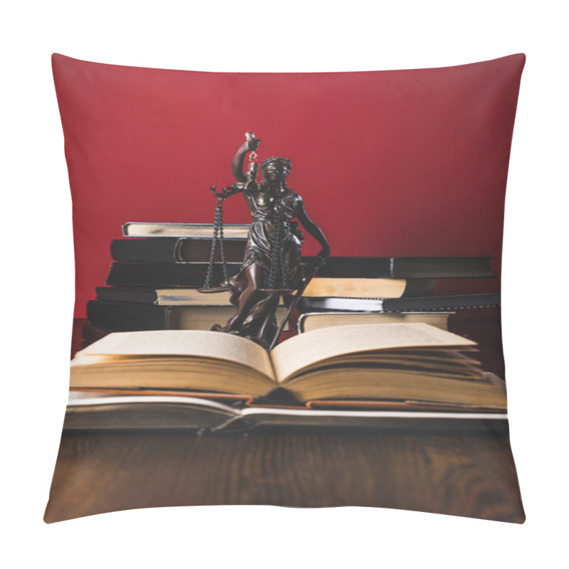 Personality  Opened Juridical Books With Lady Justice Statue On Wooden Table, Law Concept Pillow Covers