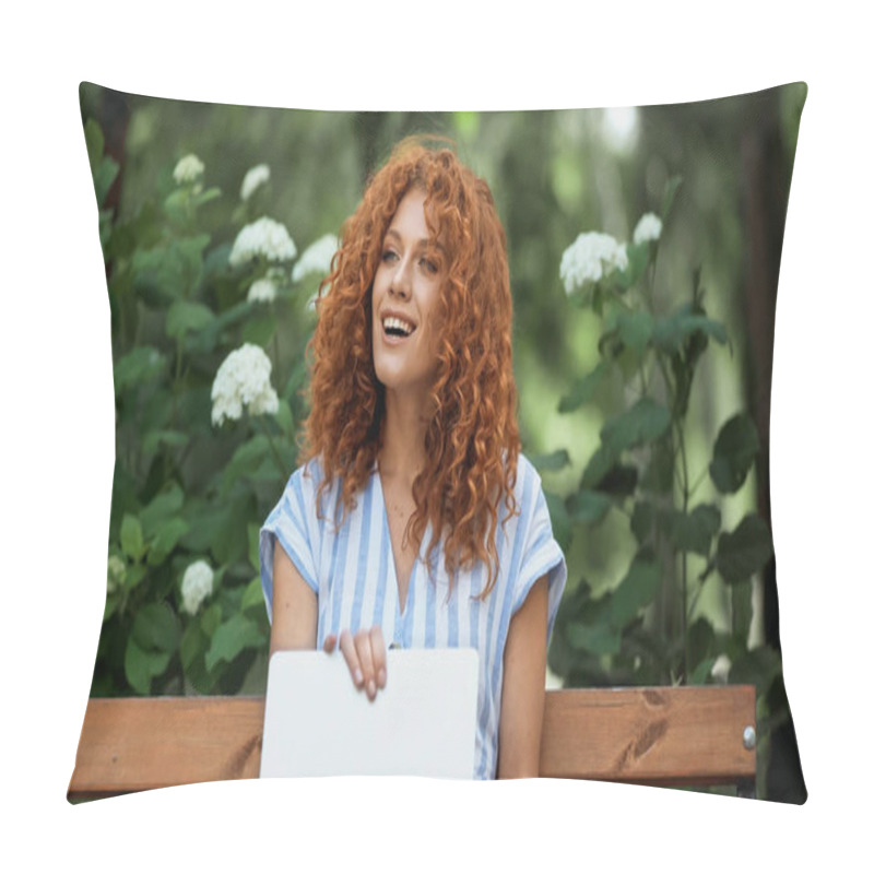 Personality  Happy Redhead Woman Using Laptop While Sitting On Bench In Park  Pillow Covers