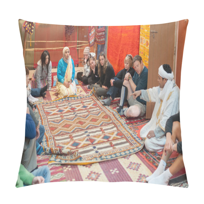 Personality  Moroccan Rug Sellers Showing Traditional Berber Carpets To Tourists. Morocco, Africa Pillow Covers